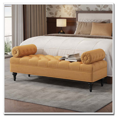 Banc de chambre à coucher, banc de bout de lit, banc rembourré en velours avec 2 coussins amovibles, repose-pieds rembourré confortable, repose-pieds pour chambre à coucher, salon, entrée