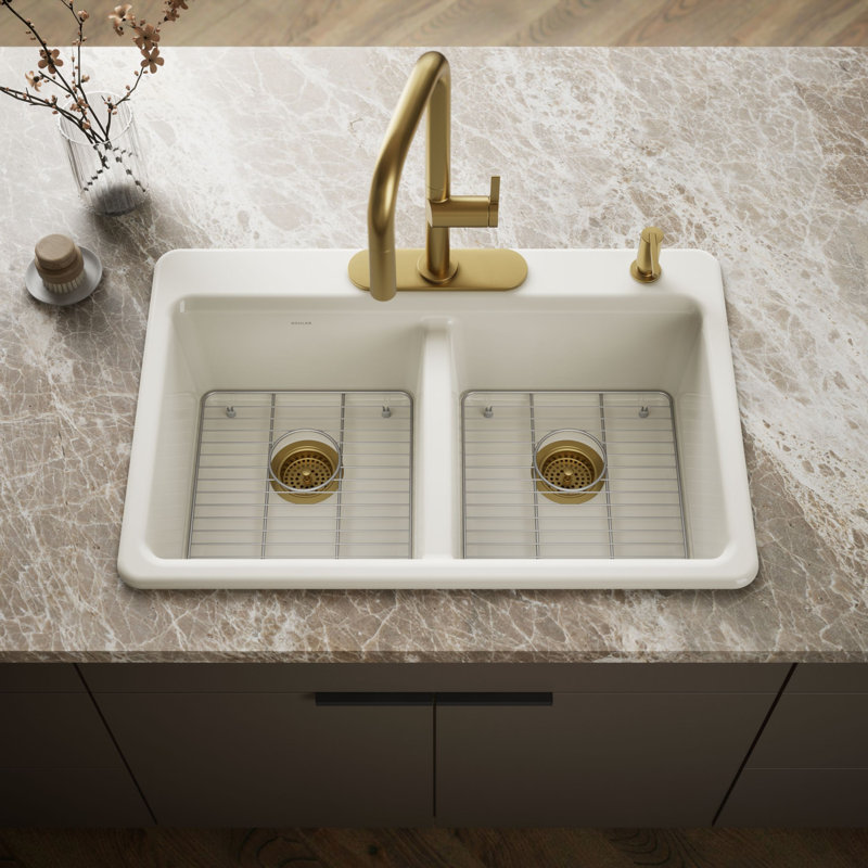 Riverby 33 In. Top-Mount Double-Bowl Kitchen Sink, Biscuit, 4 hole, Double-equal bowls