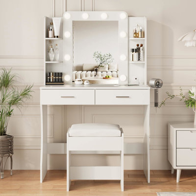 Dressing Table with Stool,Vanity Desk with Mirror& Power Strip,2AC