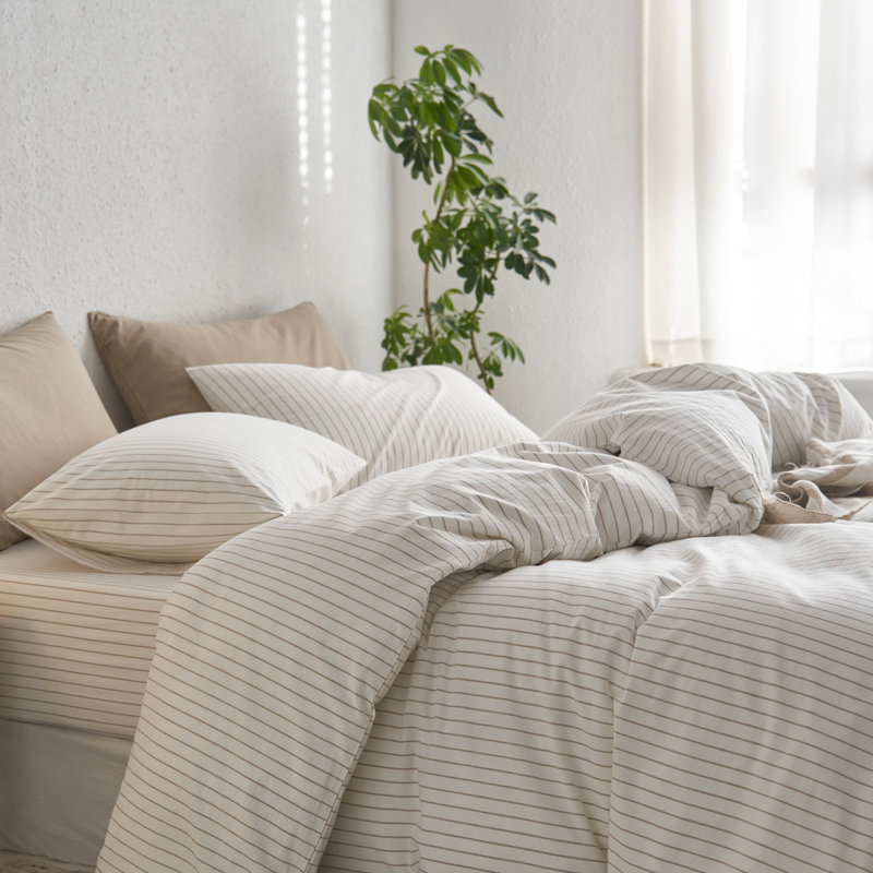 Taies d'oreiller 100% coton lavé MooMee, Standard (20 po x 26 po), Rayures larges gris lin blanc et tanné
