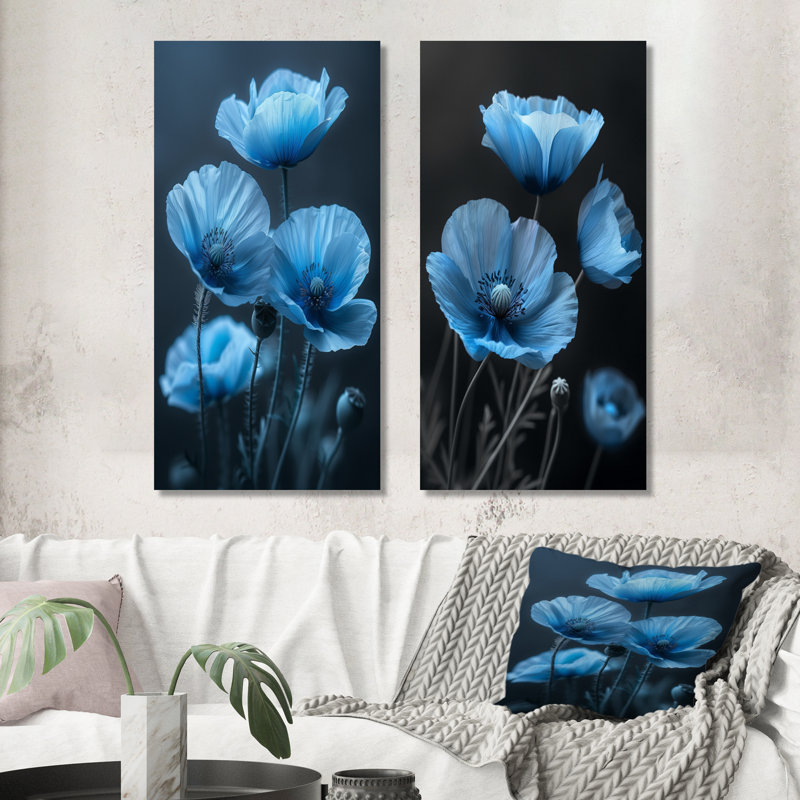 «Blue Natures Nuance Poppies I», ensemble de 2 pièces d'art mural coquelicots, Ne s’applique pas, Toile tendue sur cadre