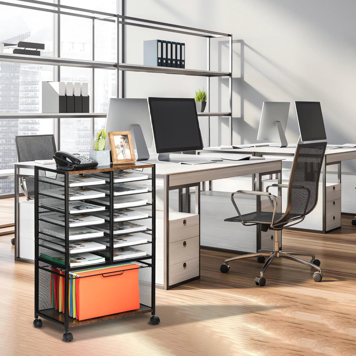 Orblue Rolling File Cart With 14 Sorter, Black | Hanging File Folder ...