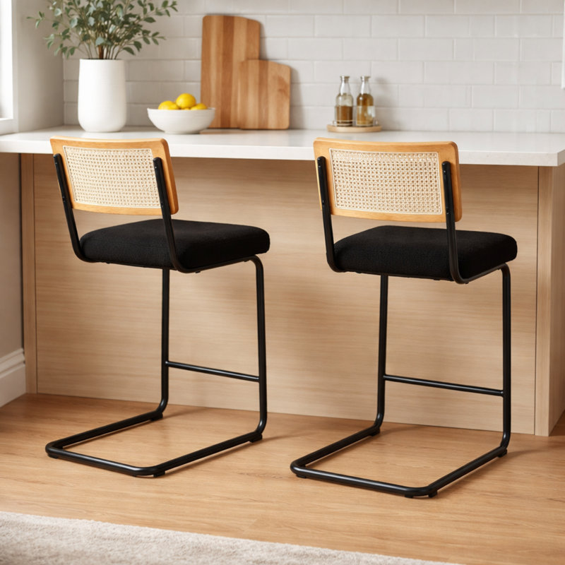 Crumley Modern Bouclé & Rattan Counter Stools with S-Shaped Metal Frame and Footrest, Black