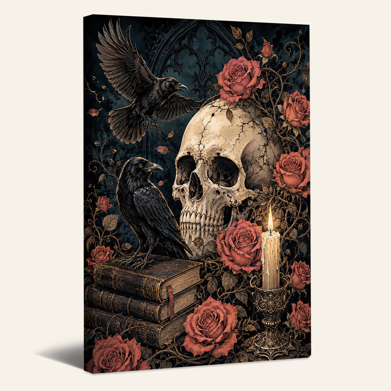 «Black Crows and Skull with Red Roses», art mural sur toile, H 18 po x l 12 po