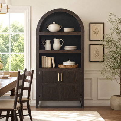 Solid Wood Storage Cabinet with Arched Top, Tall Display Shelf & Double-Door Cupboard for Dining Room, Living Room, Entryway