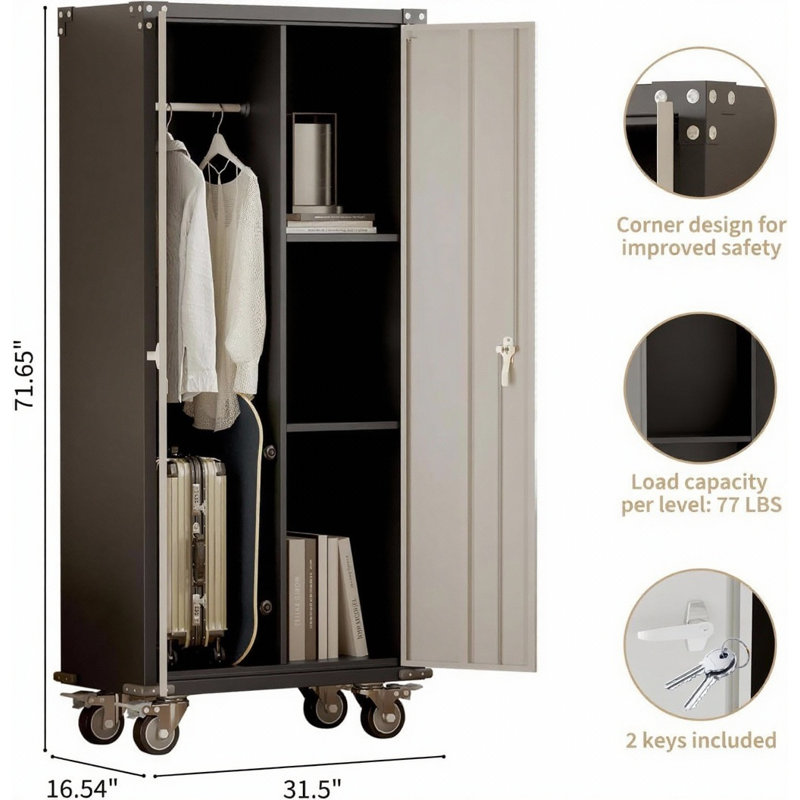 Armoire de rangement 71 po en métal noir avec 4 tablettes réglables