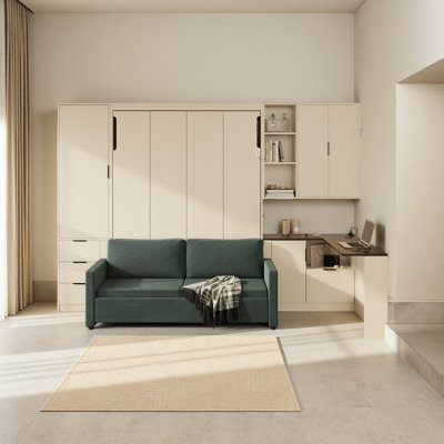 Queen Wall Murphy Bed With Hydraulic Storage, Sofa, Shelves & Drawers, LED/USB Lighting