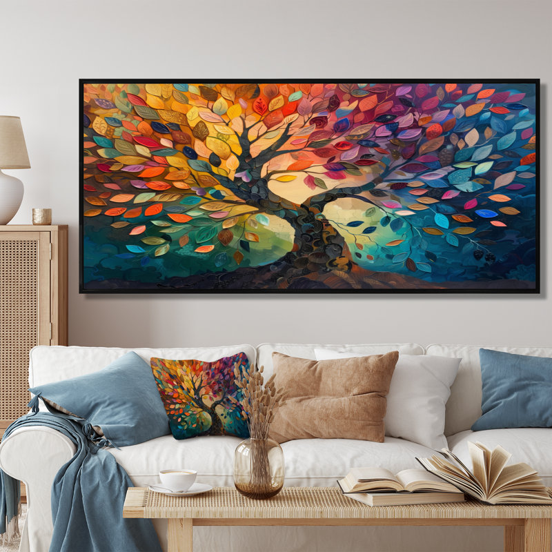 Arbre coloré de la vie II, art mural, Cadre flottant noir, H 28 po x l 60 po x P 1,5 po