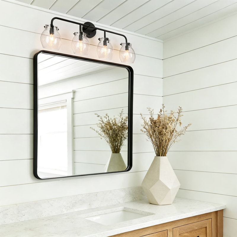 Luminaire de salle de bain 4 lumières noires avec globes en verre bullé, éclairage de salle de bain moderne de style campagnard de 29 pouces pour fini miroir noir mat