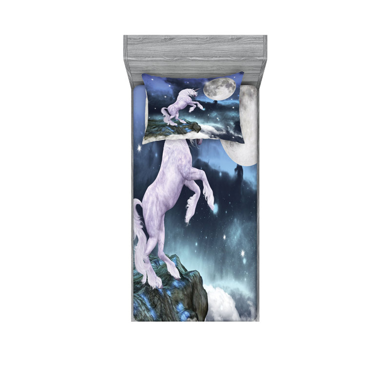 Drap-housse et coussin décoratif Ambesonne Unicorn, bleu lilas, Ensemble de draps pour lit simple + deux taies d'o