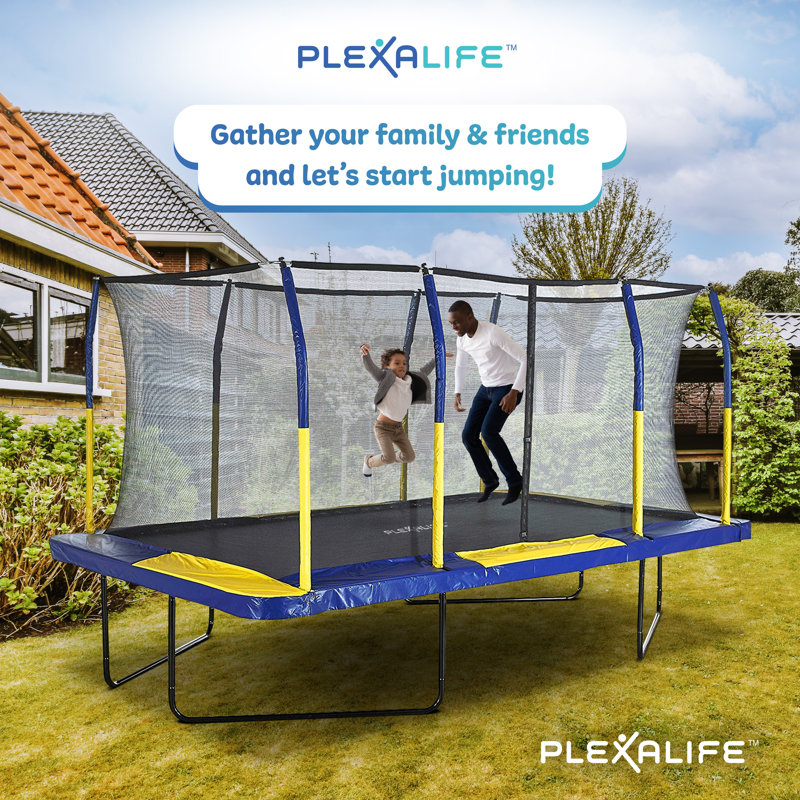 Ensemble de trampoline rectangulaire Plexalife 9 pi x 15 pi avec système d'anneaux supérieurs haut de gamme - bleu / jaune