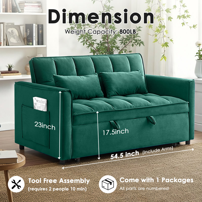 3 in 1 Convertible Sleeper Sofa Bed, 55" Pull Out Couches, Modern Loveseat Sleeper Sofa with Adjustable Reclining Backrest & Side Pockets for Living Room, Velvet Fabric, Green