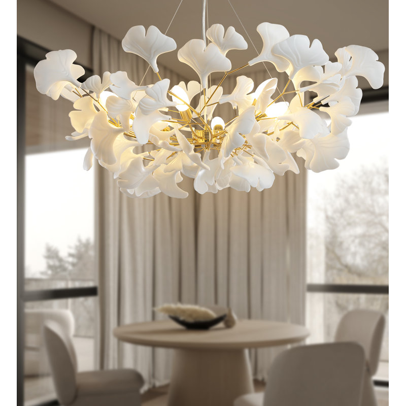 Glovsky Metal and Ceramic Ginkgo Leaf Chandelier, Gold, 6, 13.8"H x 31.5"W x 31.5"D