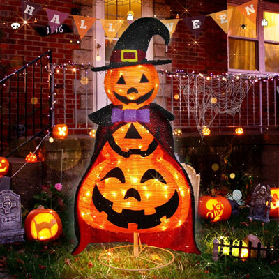 3.5FT Halloween Light Up Pumpkin Front Porch Decorations 48 Built-In LED Lights Collapsible Pumpkins With Vampire Cloak And Witch Hat Pop Up Pre-Lit Jack-O-Lantern For Indoor Outdoor Yard Garden Lawn