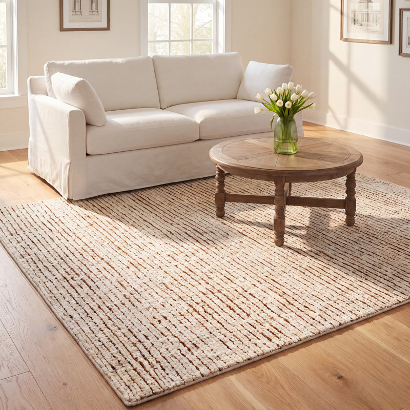 Gillian Striped Handmade Area Rug in Cream/Camel, Rectangle 8' x 10'