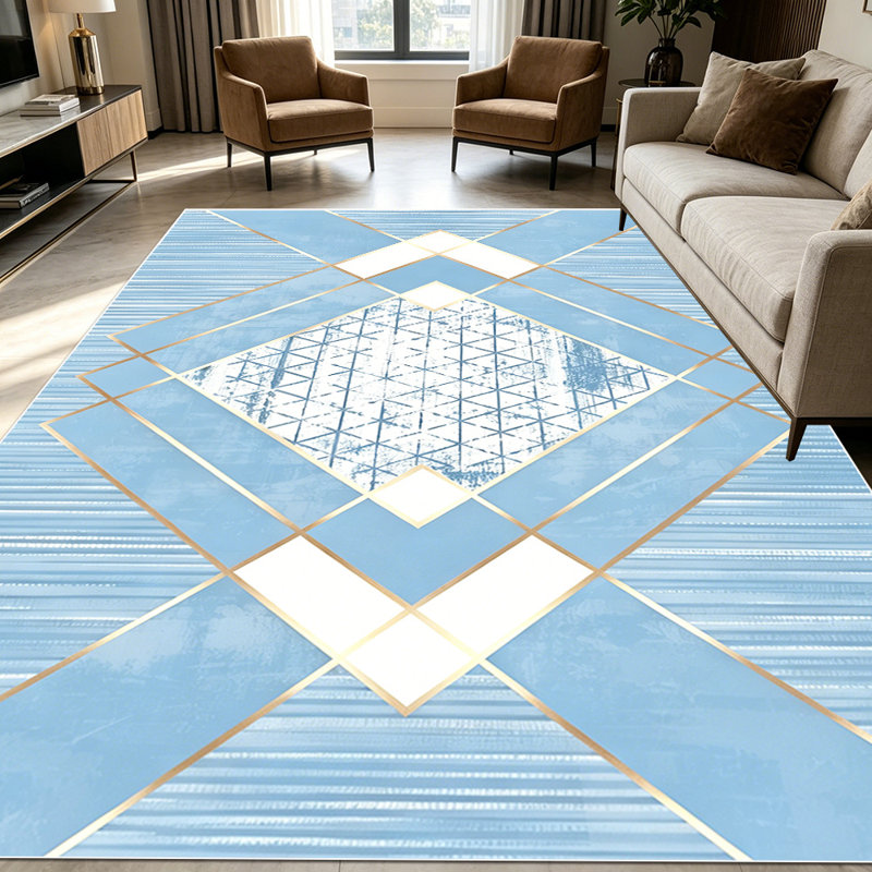 1PC Light Blue Geometric Striped Gold Border area rugs for Living Room, Soft and Comfortable, Suitable for all seasons, easy-to-maintain, machine washable Indoor floor mat, Under Table Farmhouse suitable for living room, dining room, bedroom,