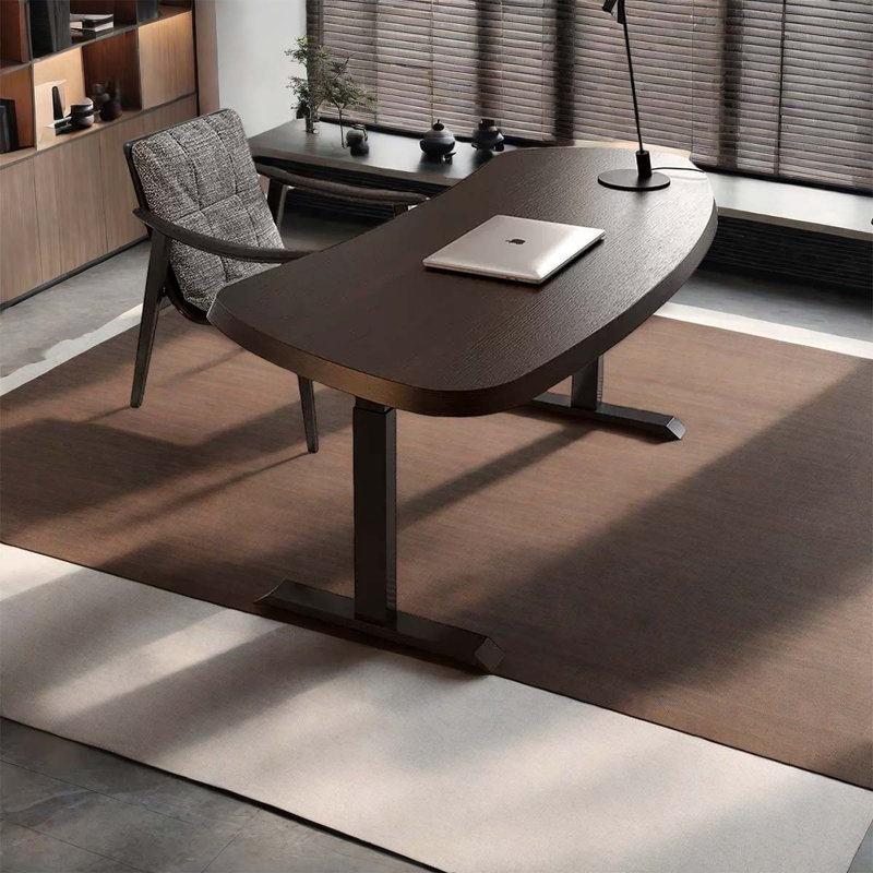 Arched solid wood height-adjustable office desk, 25.59" H x 55.12" W x 26.77" D