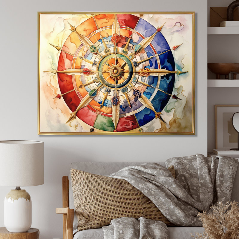 La roue religieuse du dharma sur toile, H 24 po x l 32 po x P 1 po, Cadre flottant doré