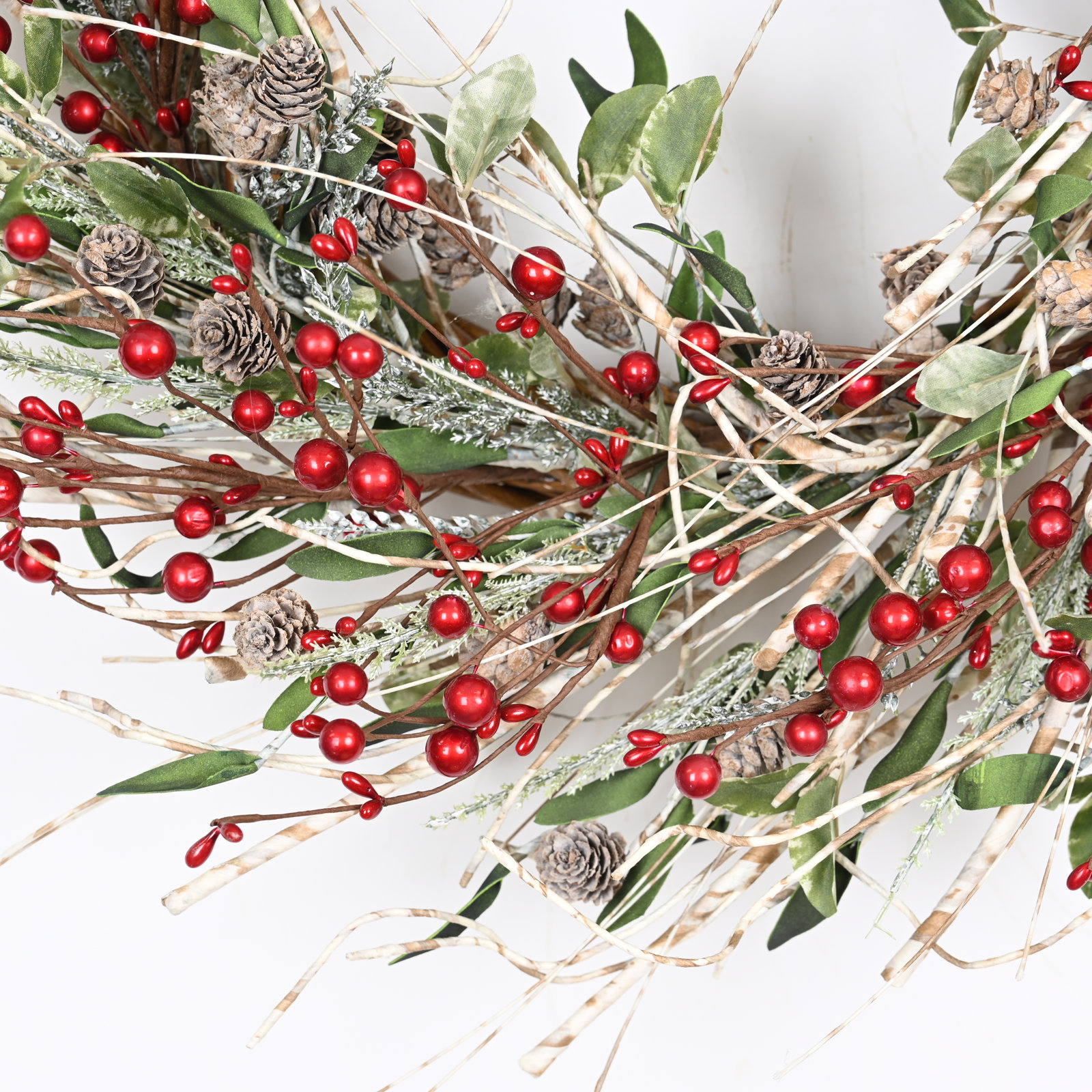 24" Artificial Farmhouse Leafage Berry Birch Pinecone Christmas Day Winter Wreath For Front Door, Red/Green
