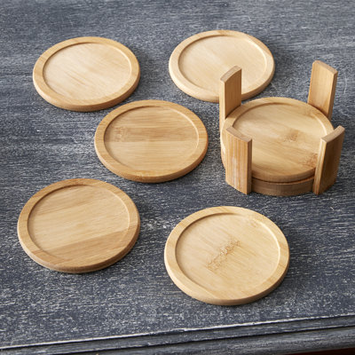 Ridgley Bamboo Agate Ceramic Jute Leather Crystal Circle Round 6 Piece Coaster Set with Holder Set