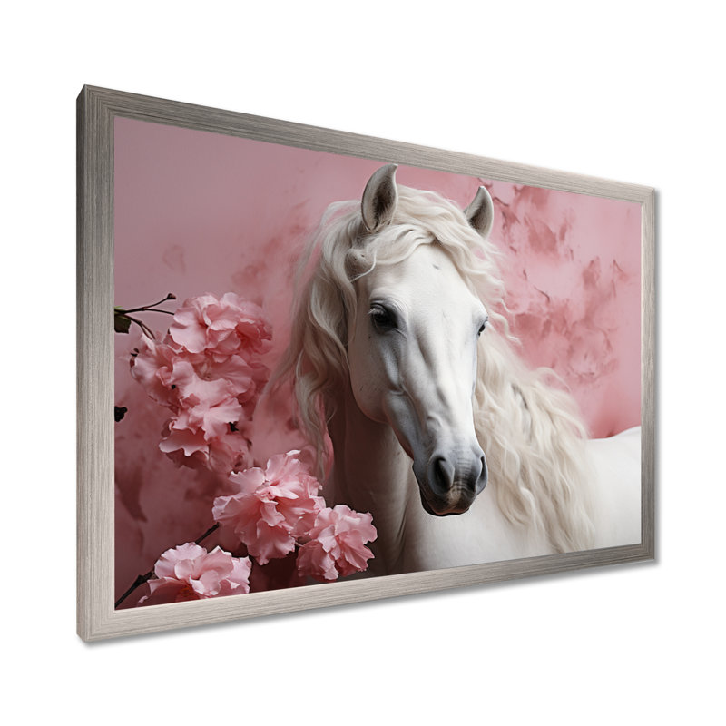 Cheval rose blanc doux beauté - art mural cheval, H 24 po x l 32 po x P 1 po, Cadre simple argenté