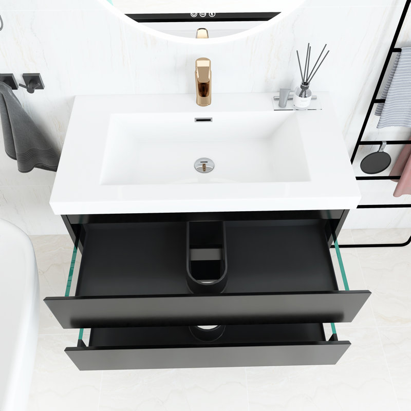 Meuble-lavabo mural simple 36 po avec plateau en résine Derrald, Noir