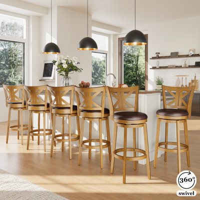 Danazia 30" Traditional Upholstered Faux Leather Swivel Bar Stool with Solid Wood Frame for Kitchen (Set of 6)