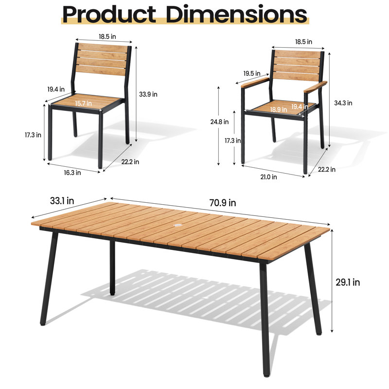 Ensemble repas pour 6 personnes en aluminium avec chaises empilables et trou pour parasol, Brun