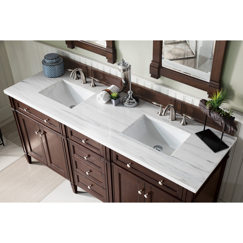 Brittany 72" W Double Vanity, Burnished Mahogany, Ethereal Noctis, 8" Widespread