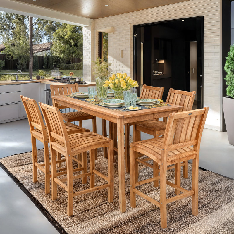 Teak Wood Bistro Bar Set Including Rectangular Table And Abacho Barstools, 43" H x 71" L x 35.5" W, 6