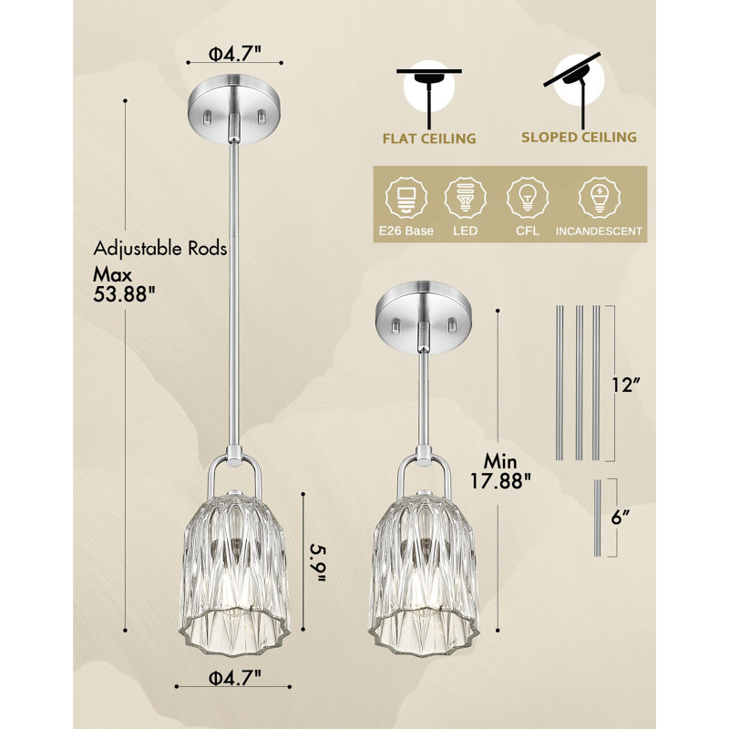 Luminaire suspendu rétro à 1 lumière avec verre transparent en forme de cloche