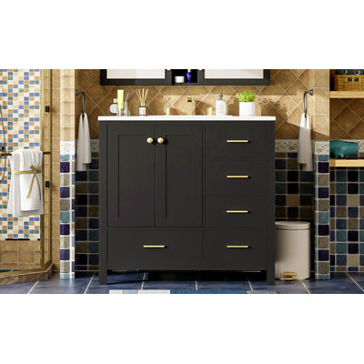 36'' Bathroom Vanity With Ceramic Sink Combo, Solid Wood Frame Bathroom Storage Cabinet, Freestanding Vanity Set With 4 Drawers& Soft Closing Doors
