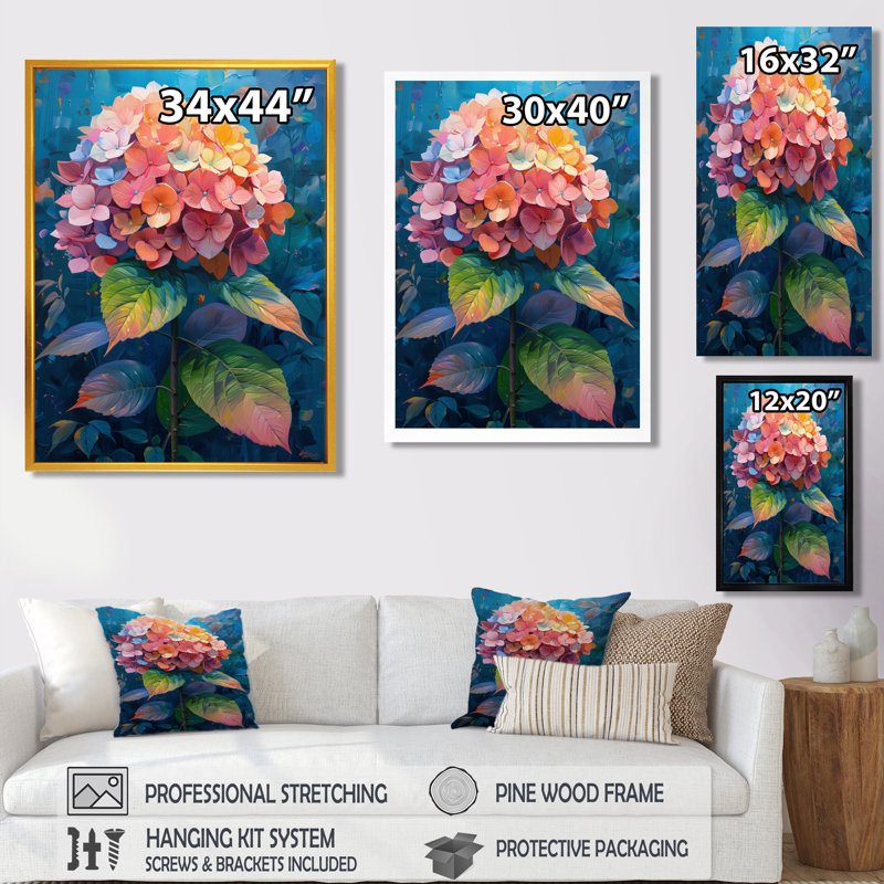 Décoration murale hortensia rose et bleu en été II - Hortensia, Cadre simple noir, H 12 po x l 20 po