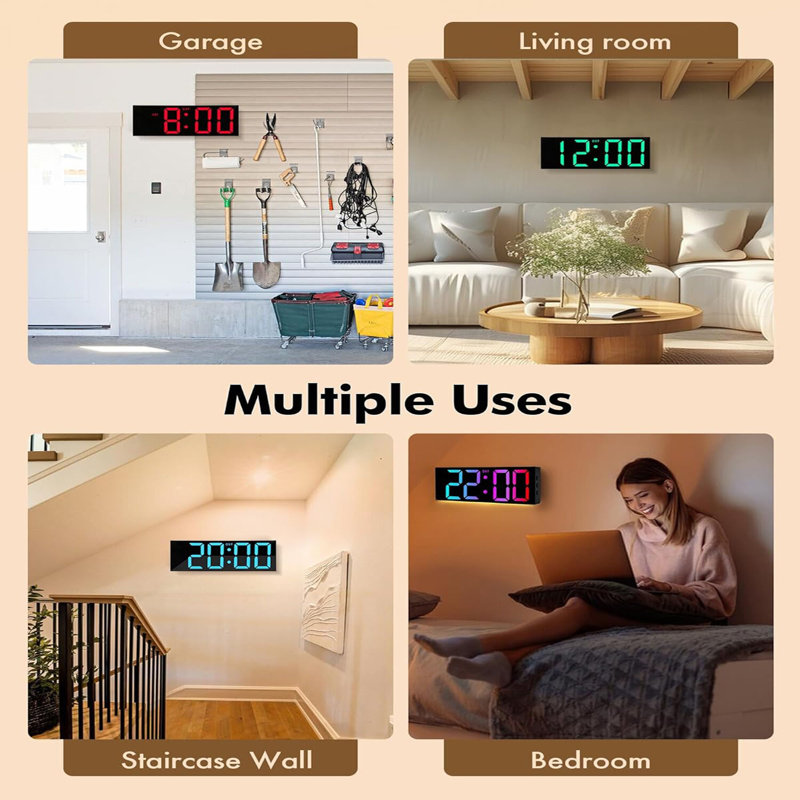 12” digital wall clock full screen display black colour