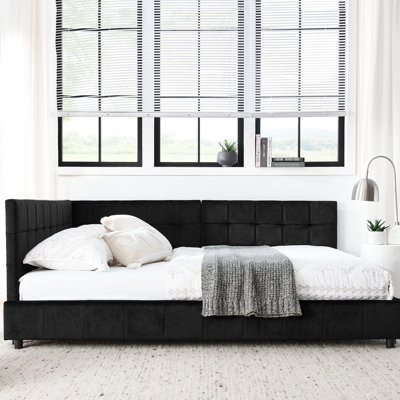 Lit tapissier double avec velours - Structure solide et stable pour salon noir avec structure pour