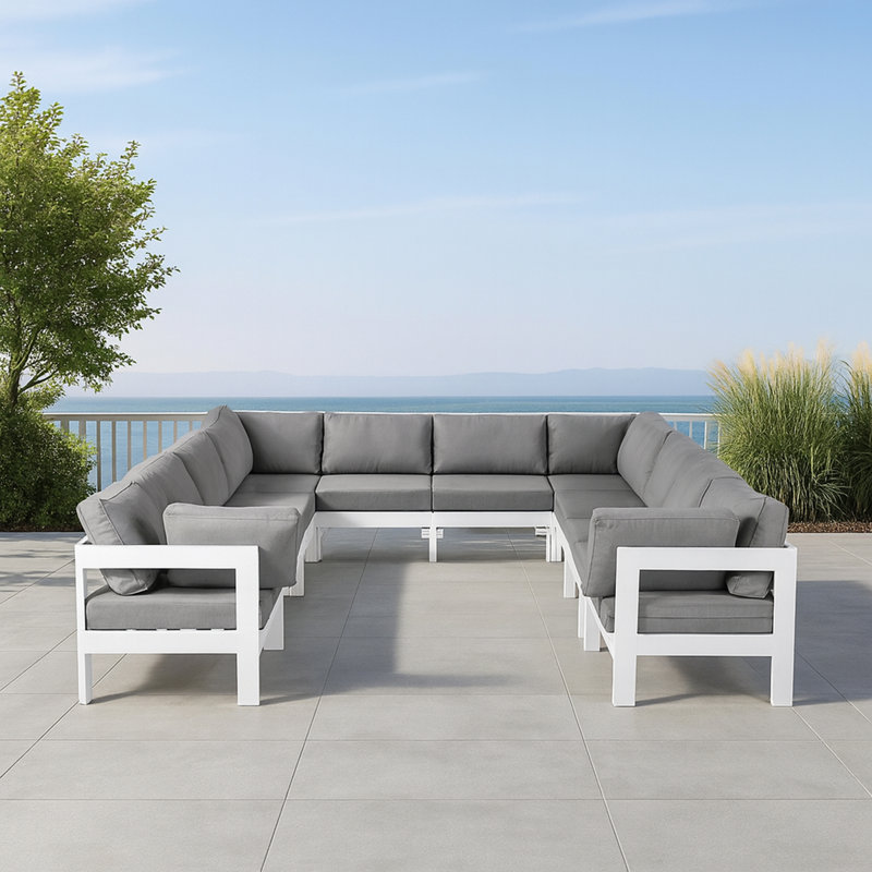 Koeppelle 120'' Wide Aluminum Patio Sectional with Cushions, White, Gray