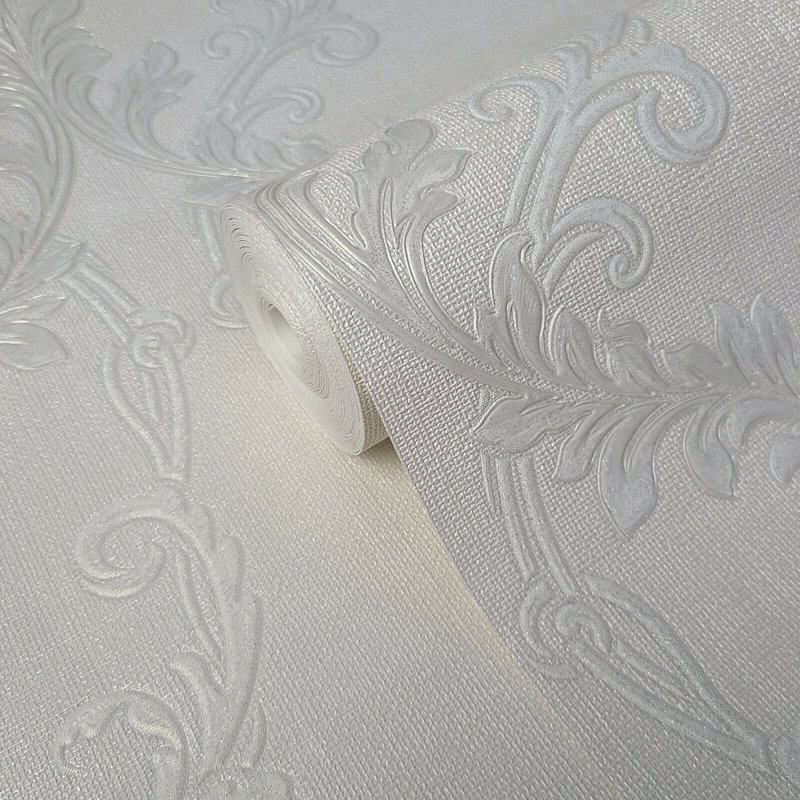 Rouleaux de papier peint imitation damas floral texturé, Ivoire