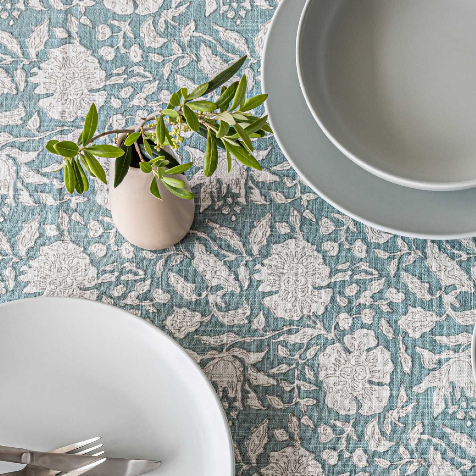 over&back Hand-Blocked 108" Table Runner, 18" W x 108" L, Blue Floral