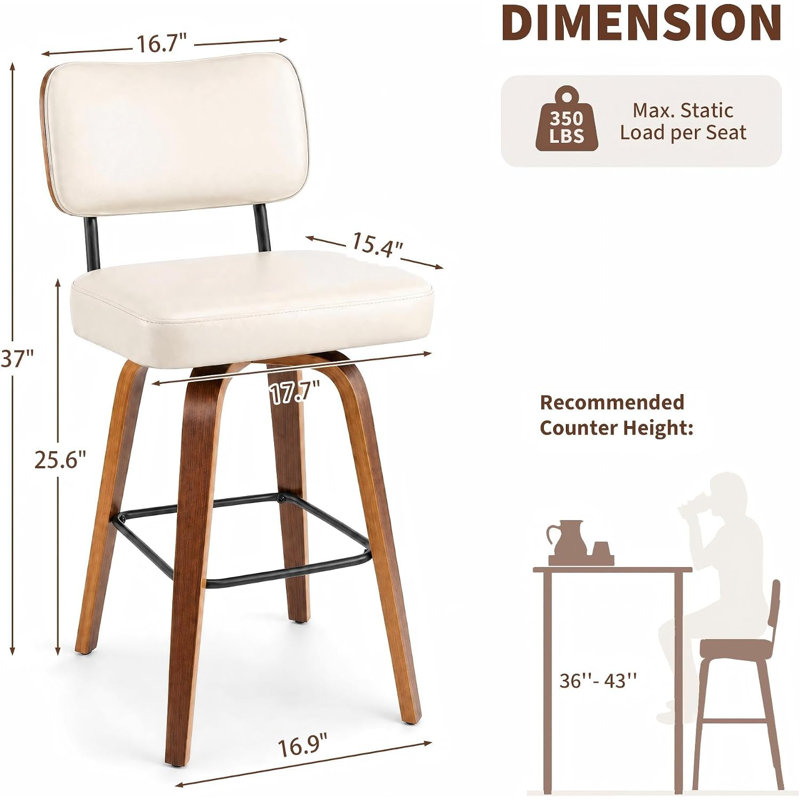 Tabourets de bar pivotants de 66 cm (26 po), avec dossier et pieds en bois courbé, Blanc cassé / blanc, 2