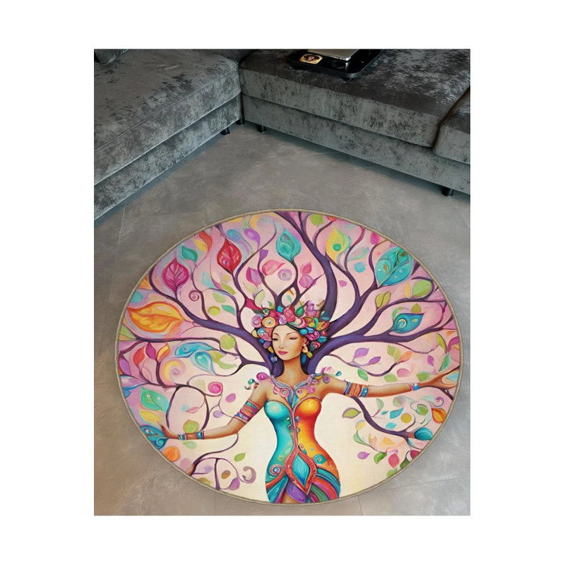 Multicolored Woman And Tree Of Life Detailed Woven Base Modern Decorative Carpet, Round 3'4"