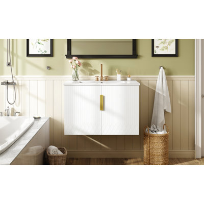 Meuble-lavabo vintage 30 po avec lavabo en céramique à 3 trous, armoire à deux portes, rangement réglable, fixation murale, matériaux, surface facile à nettoyer avec trous brillants, design moderne, tablette et solide