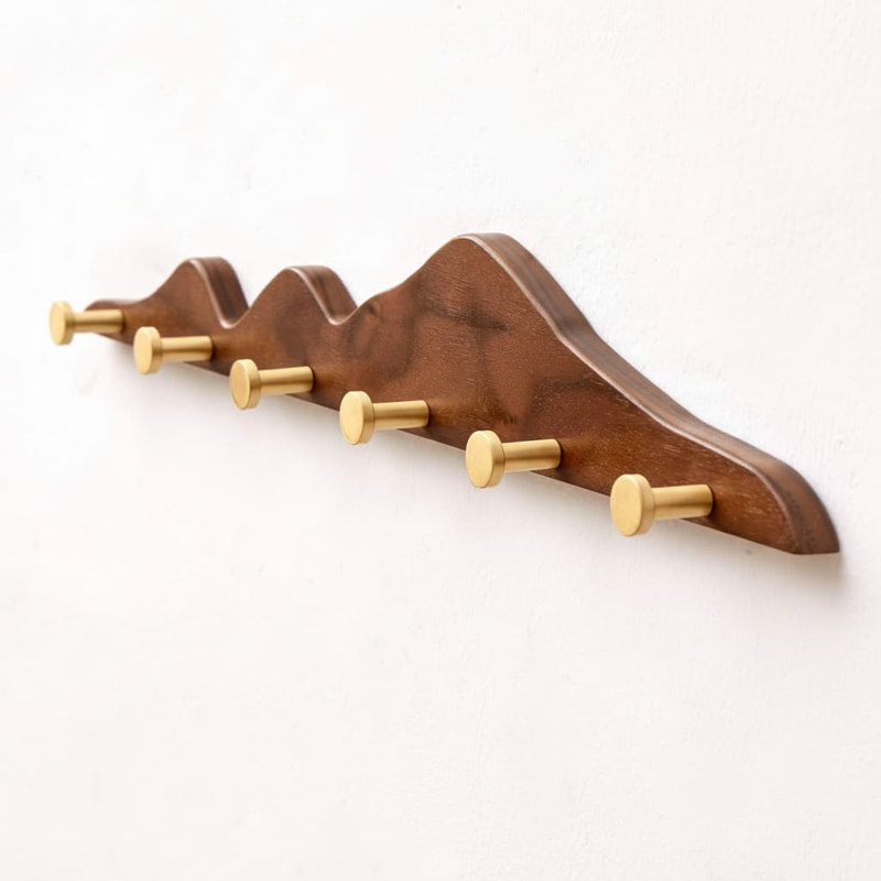 23.6" Gold Brass Wooden Wall Coat Rack (6 Hooks) - Decorative Entryway Rail