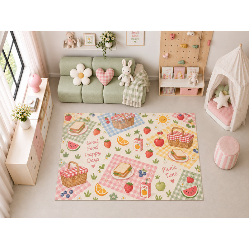 Tapis d'intérieur ultramince 152 x 213 cm (5' x 7') à motif panier de pique-nique et fruits, idéal pour chambre d'enfant, garderie, salle de classe et salle de jeux. Doux et à poils courts, avec revêtement antidérapant en silicone.