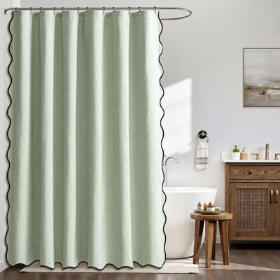 Linen Textured Waterproof Shower Curtain With Scalloped Edges, Heavy Duty Washable Fabric With Reinforced Metal Hooks For Bathroom And Bathtub