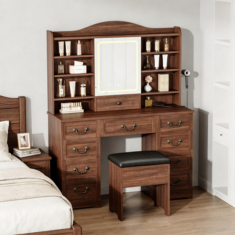 Vanity Desk with Power Outlet, Chair, Mirror, 10 Drawers and 8 Storage Shelves for Bedroom, Brown/Brown