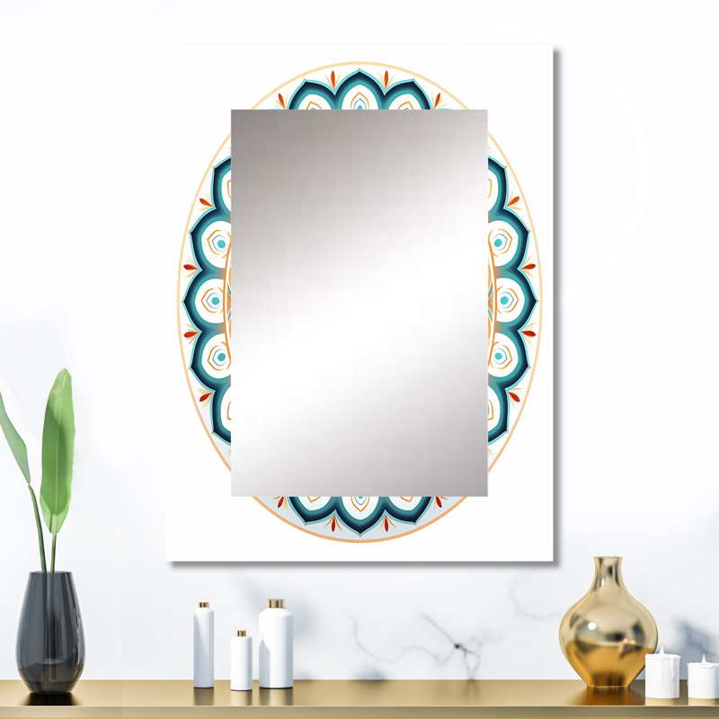 Exquis mandala en rétro bleu et orange I - miroir mural décoratif mandala boho, miroir traditionnel, art imprimé en métal