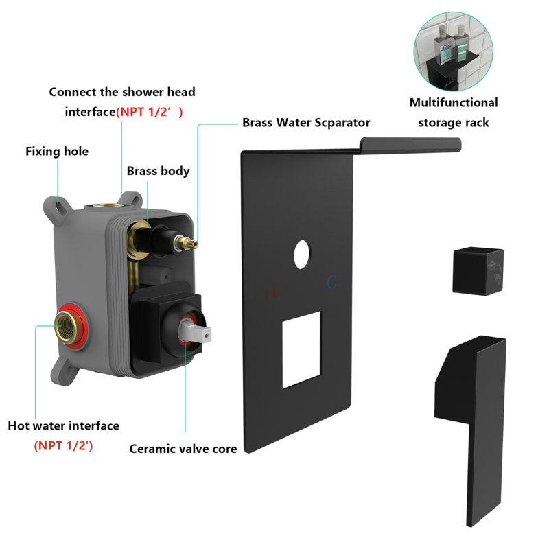 Rainfall Shower System With Storage Rack 10 Inch Shower Faucet Set With High Pressure With Square Shower Head Luxury Shower Set Wall Mount