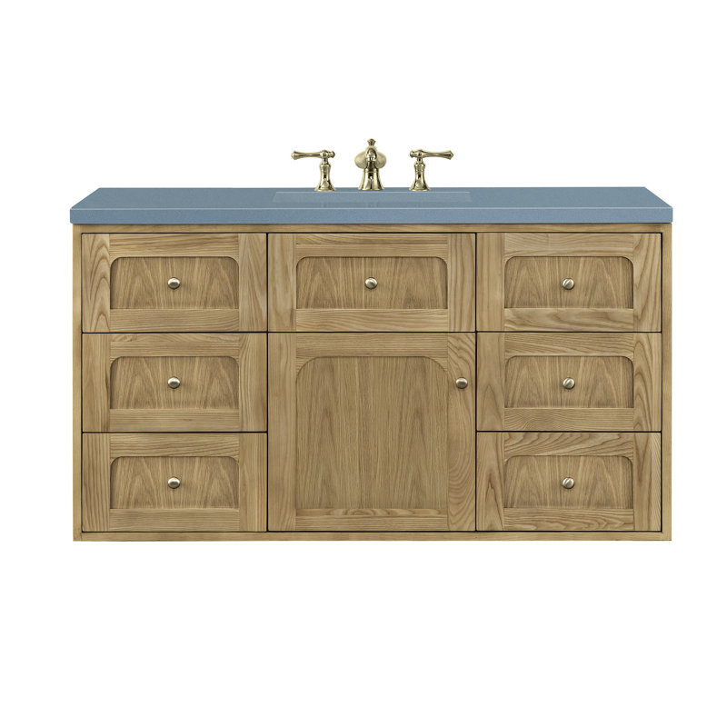 Ensemble de meuble-lavabo simple 48 po Laurent, Bleu Cala, 8 po, Chêne clair naturel