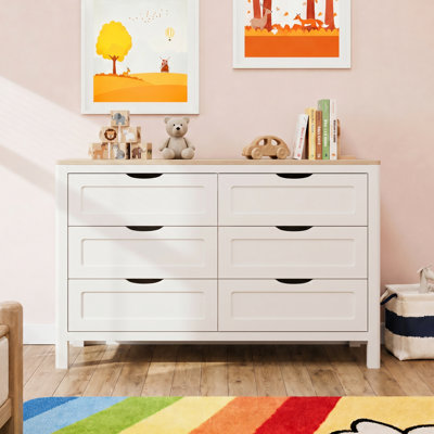 Commode double moderne Abra 47,24 po à 6 tiroirs, meuble de rangement sans poignées aux bords arrondis