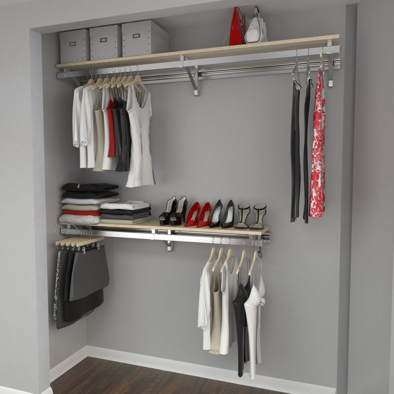 Système de garde-robe à double tablette avec suspension longue (bas 16 po plus court que haut), Érable